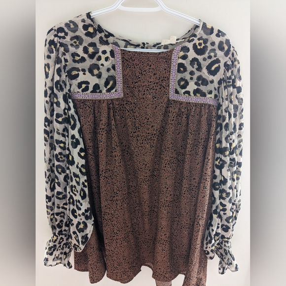 Entro Contrast Animal Cheetah Print Colorful Brown Blouse Size XL - Picture 4 of 9